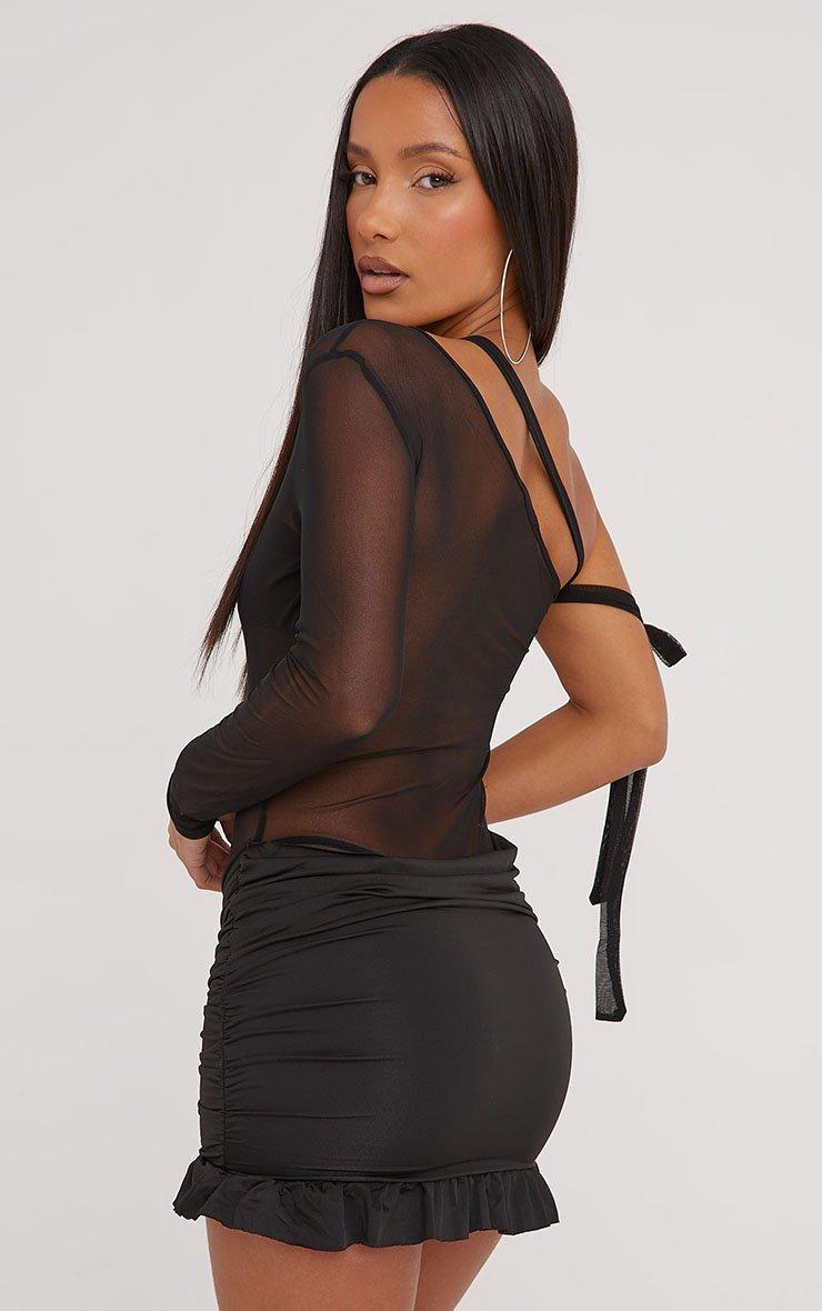 One Sleeve Buckle Detail Frill Hem Asymmetric Mini Dress In Black Mesh |  EGO EU | EGO