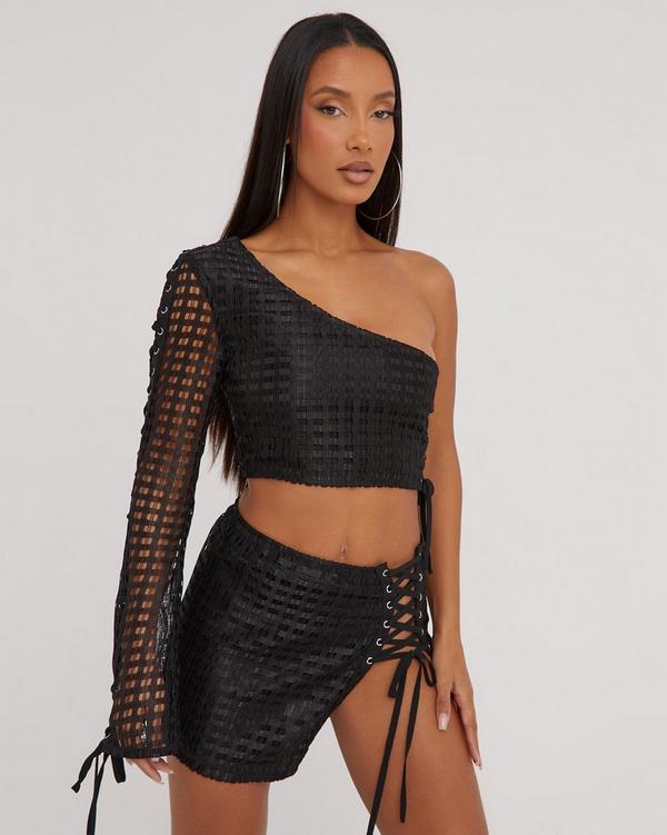 High Neck Multi Strap Detail Crop Top In Black Faux Leather