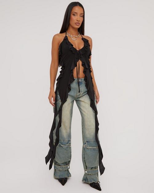 Plunge Halterneck Extreme Frill Detail Top In Black