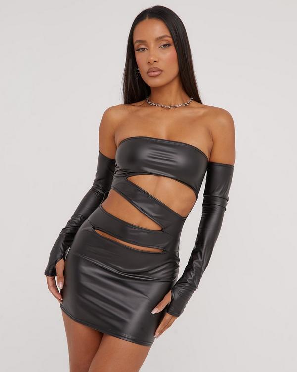 Bandeau Slash Detail Mini Bodycon Dress With Sleeves In Black Faux Leather