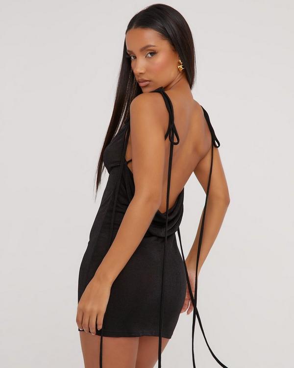 Cowl Neck Tie Shoulder Low Open Back Detail Mini Bodycon Dress In Black