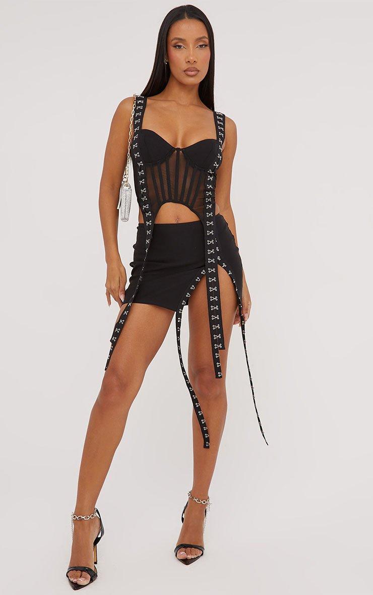 Hook And Eye Suspender Detail Split Leg Mini Skirt In Black | EGO