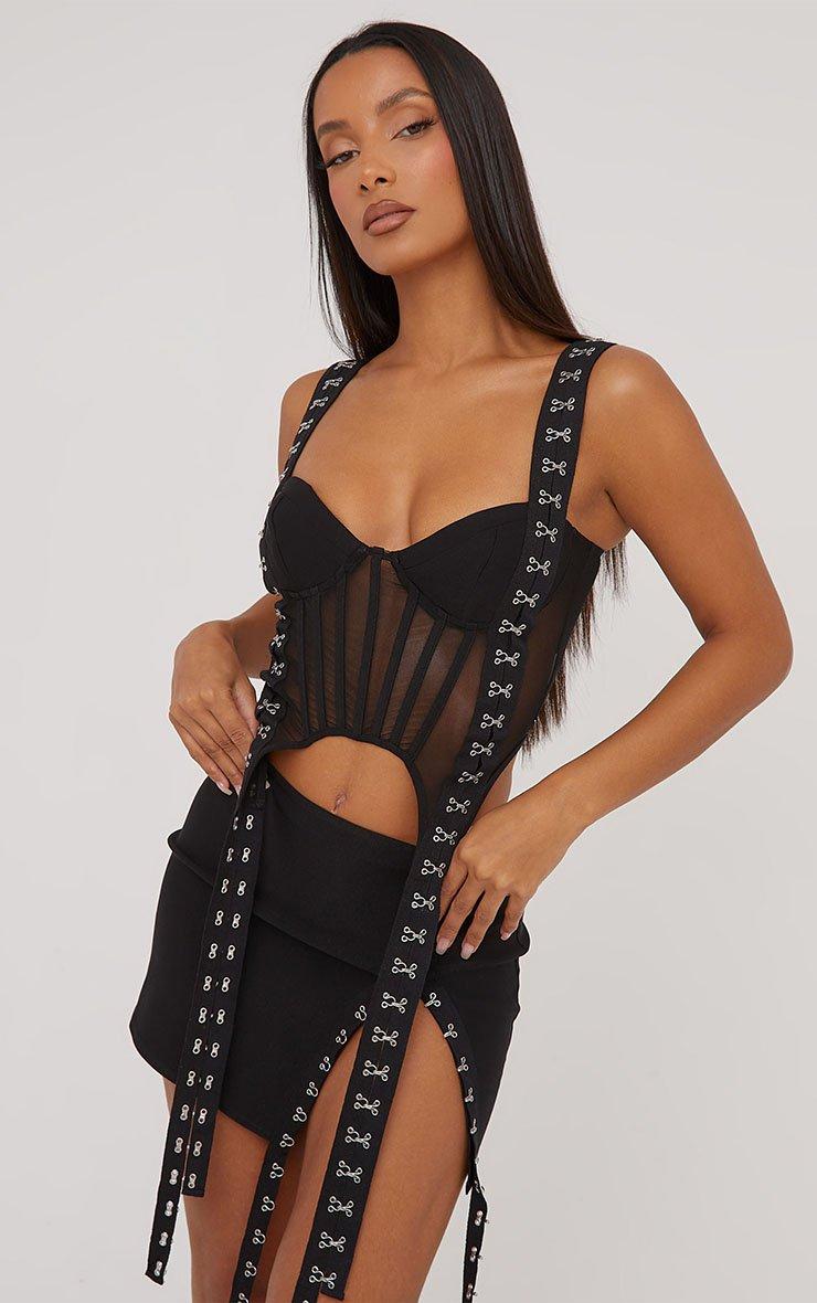 Hook And Eye Suspender Detail Split Leg Mini Skirt In Black | EGO