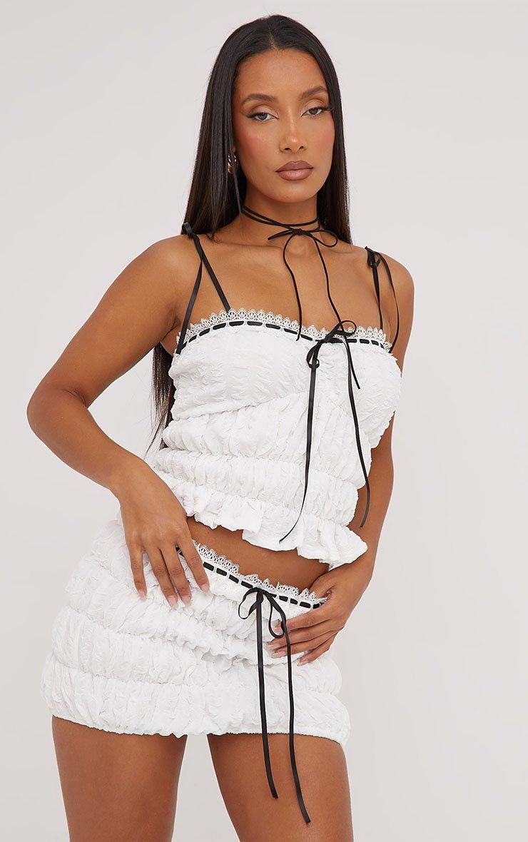 Contrast Strappy Ribbon Detail Lace Trim Top In Cream Shirred