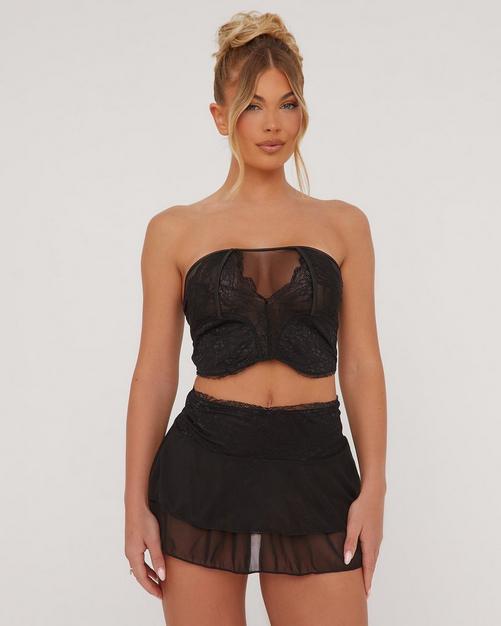 Bandeau Lace Detail Corset Top And Low Rise Frill Mini Skirt Co-Ord Set In  Black Mesh