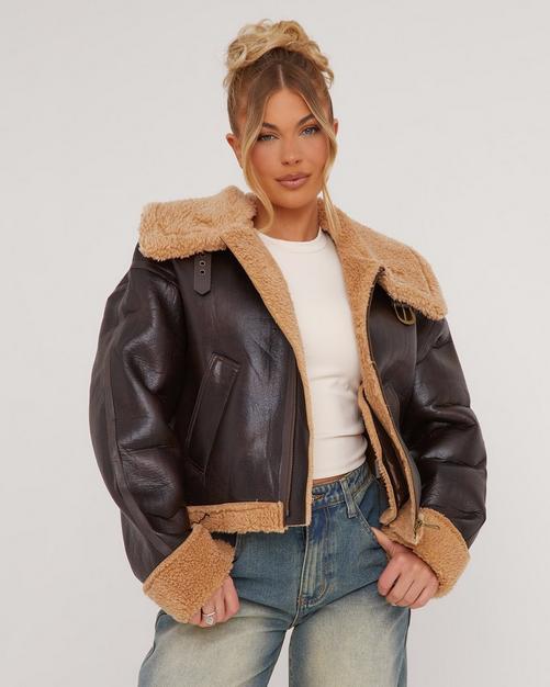 Pocket Detail Faux Shearling Aviator Jacket In Black