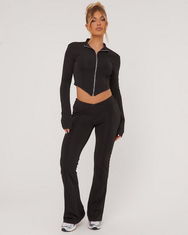Zip Up Sculpt Detail Cropped Jacket And Dipped Waist Flared Leggings Co-Ord  Set In Black