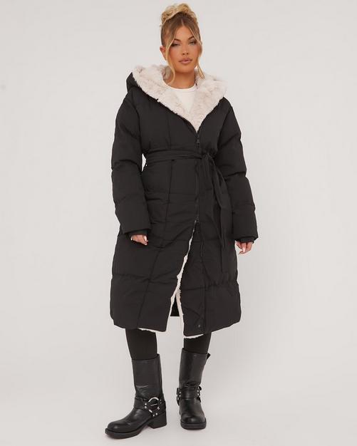 Faux sherpa hooded outlet cinched waist puffer coat