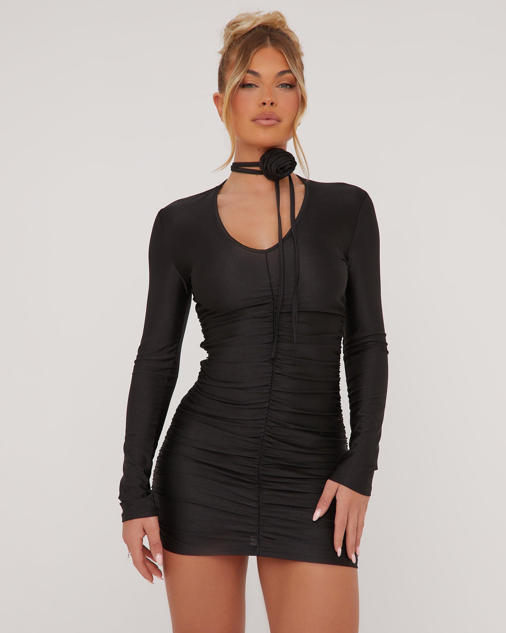 V-neck Ruched Jersey Mini Dress W/roses