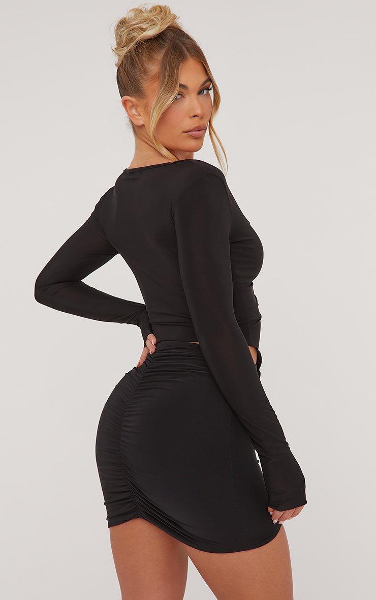 Long Sleeve Ruched Detail Split Front Crop Top In Black Slinky | EGO US |  EGO
