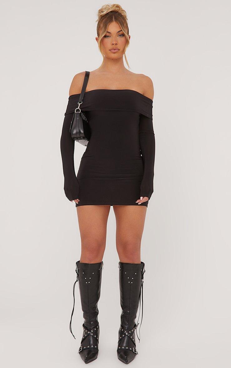 Layer Mesh Twist Double Layer Bodycon Dress Black Double Layer Eyelet Bardot  Mini Dress Dresses PLT