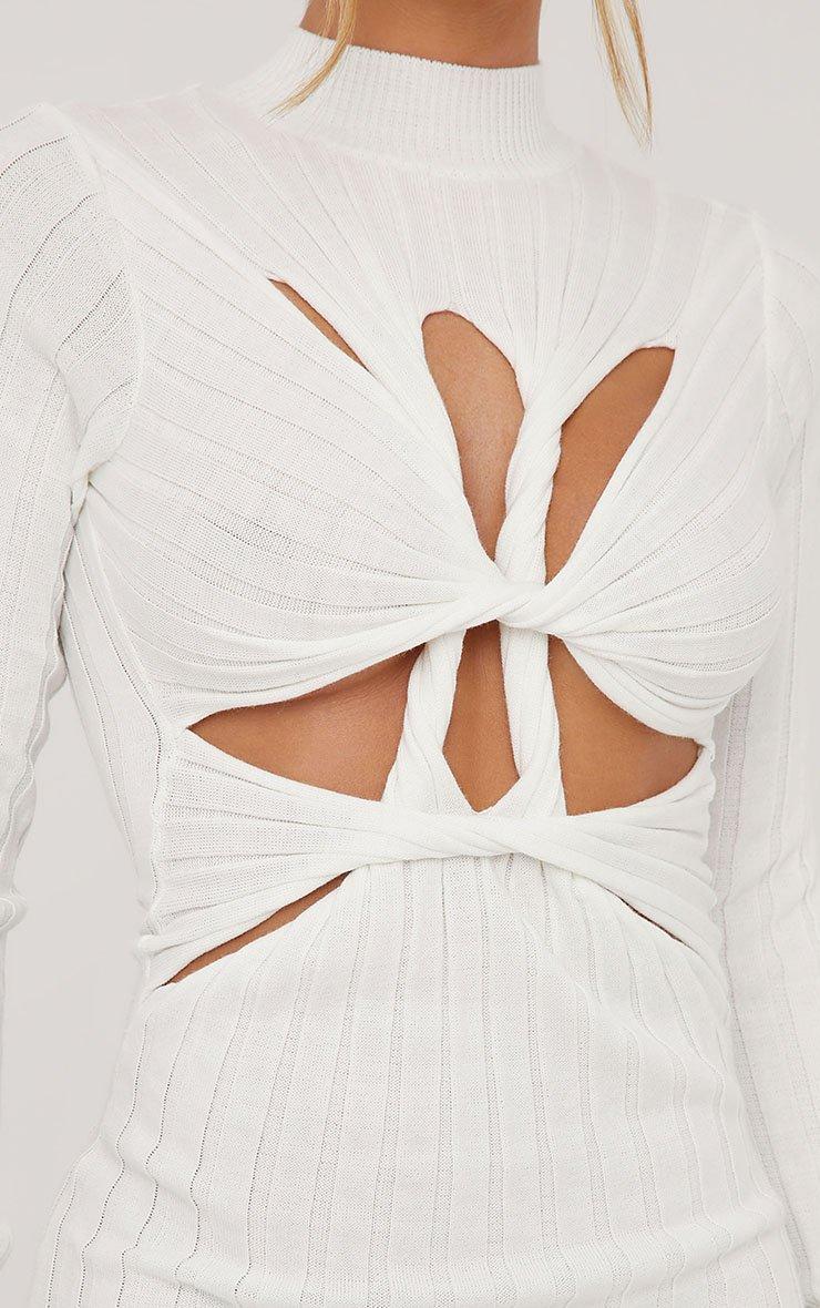 Long Sleeve Twist Cut Out Detail Mini Dress In Cream Ribbed Knit | EGO CA |  EGO