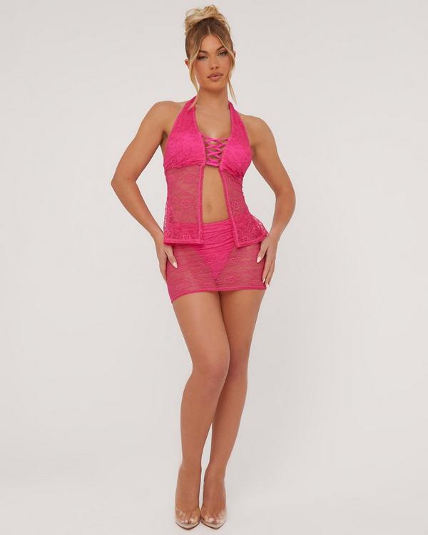 Low Rise Knicker Insert Detail Micro Mini Skirt In Hot Pink Lace