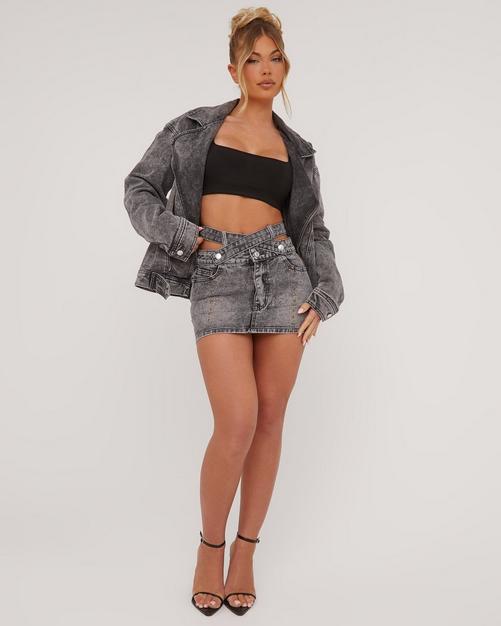 Grey Slinky Mini Skirt Wet Look Super Super High Waist Fitted