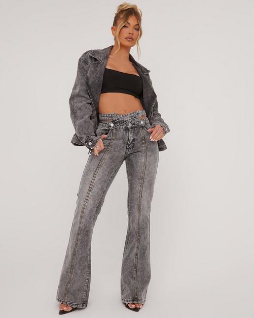 Denim Mid Waist Leopard Wide Leg Pants