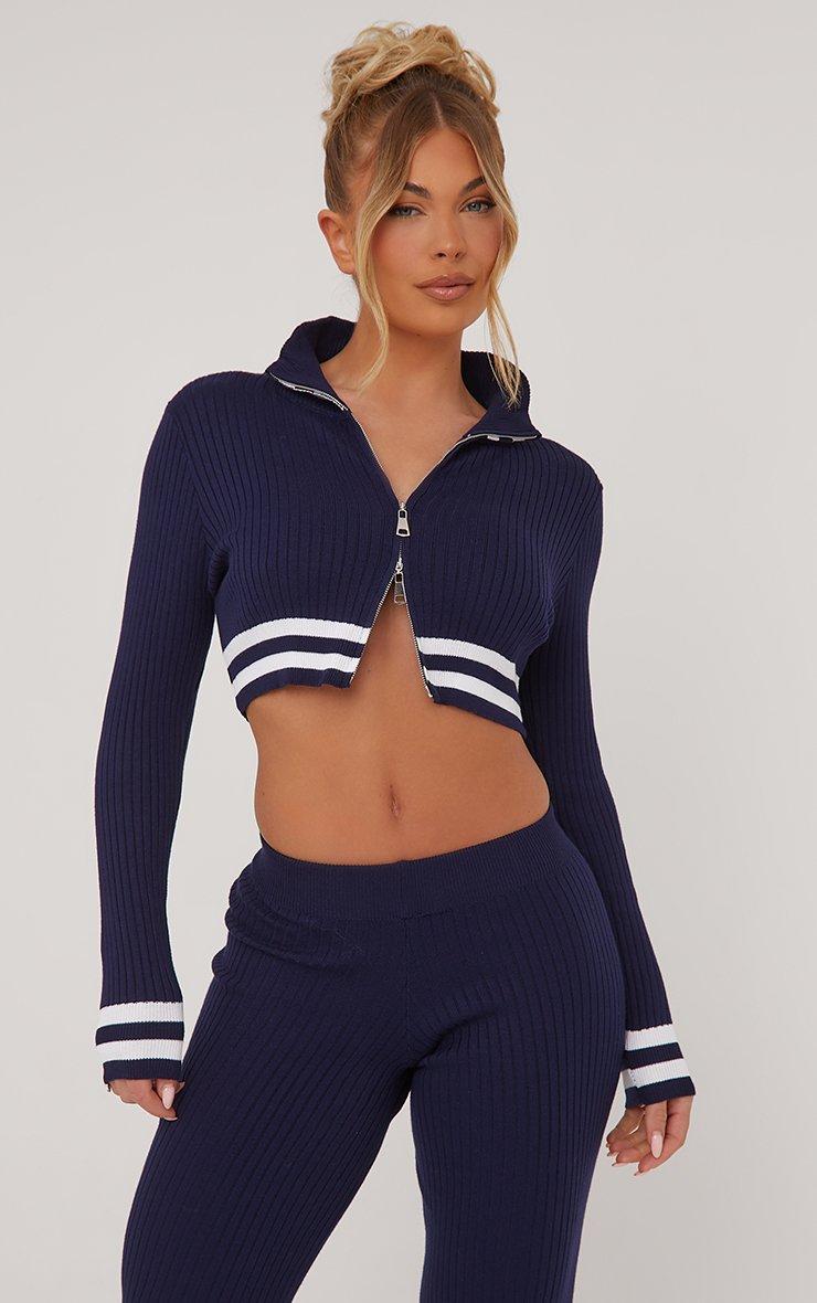 Zip Front Contrast Stripe Detail Cropped Jacket And Low Rise