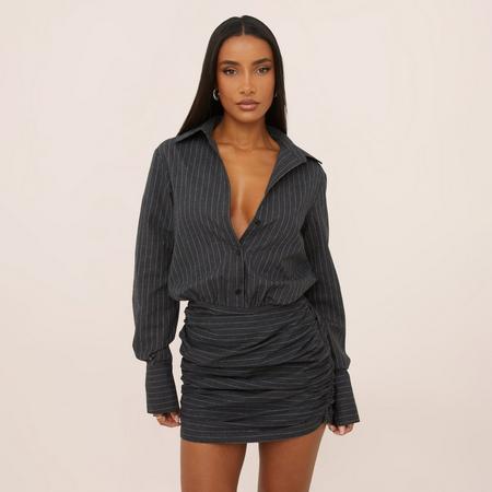 Long Sleeve Ruched Mini Shirt Dress In Grey Pinstripe, Women's Size US