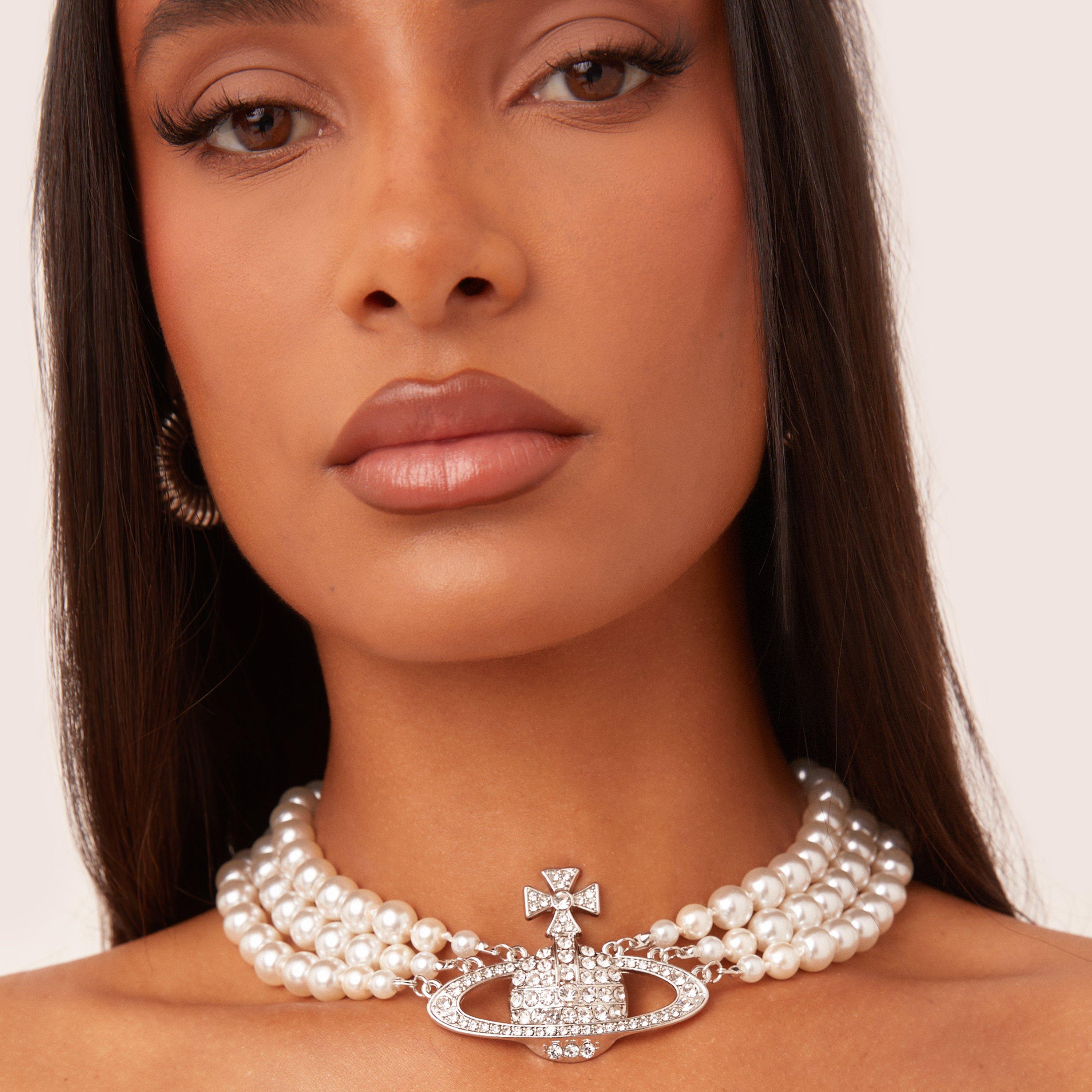 Diamante Pearl Detail Multi Choker Necklace In Silver, Women's Size UK One Size
