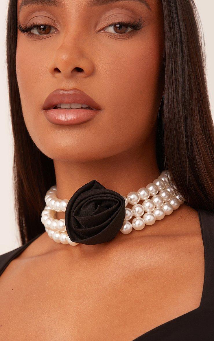 Rose Pearl Detail Choker Necklace In Black | EGO UK | EGO