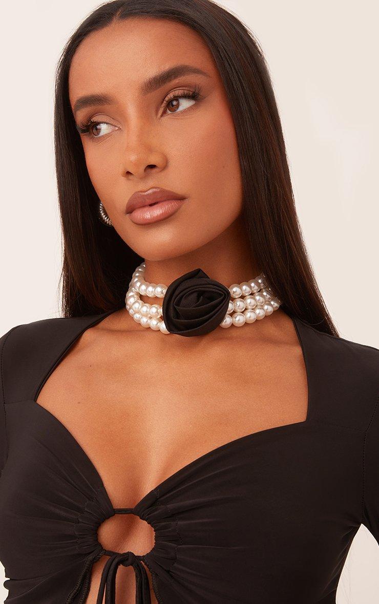 Rose Pearl Detail Choker Necklace In Black | EGO UK | EGO