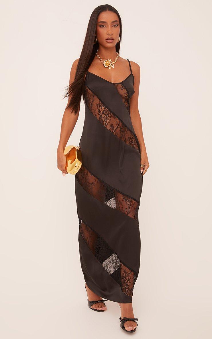 Strappy Plunge Lace Panel Detail Maxi Dress In Black Satin | EGO AE | EGO