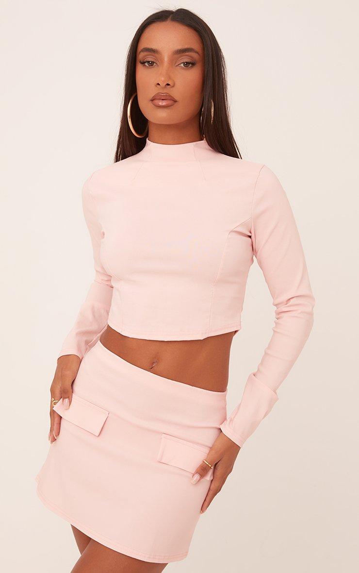Long Sleeve High Neck Fitted Crop Top In Baby Pink | EGO US | EGO