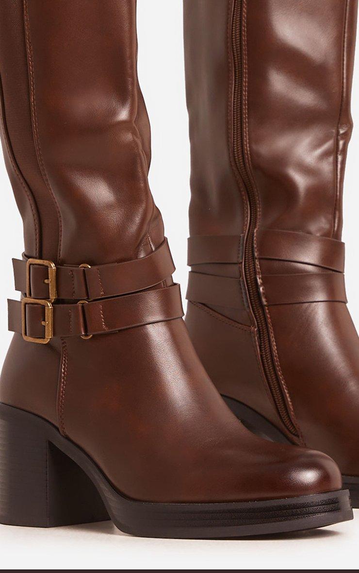 Merrit Side Buckle Detail Block Heel Mid Calf Biker Boot In Brown Faux  Leather | EGO US | EGO