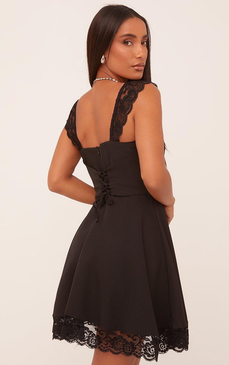 Square Neck Ruched Bust Lace Trim Detail Mini Skater Dress In