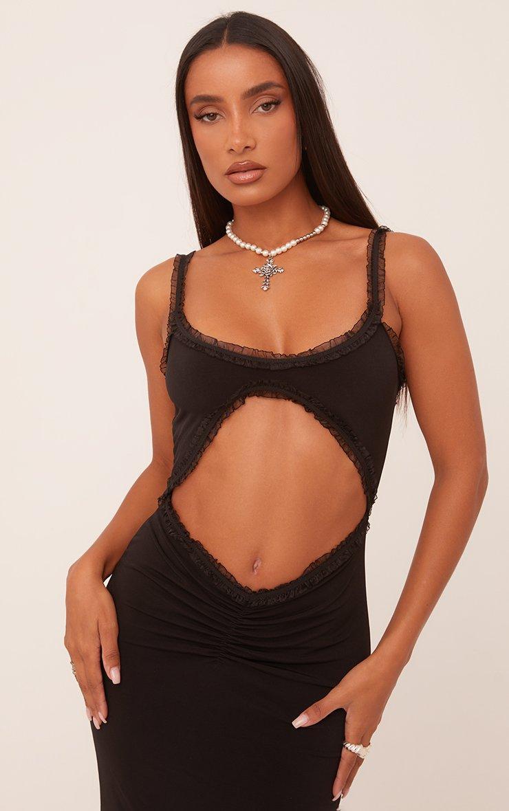 black dress mesh cut out Mesh Sleeve Slinky Cut Out Mini Dress Black