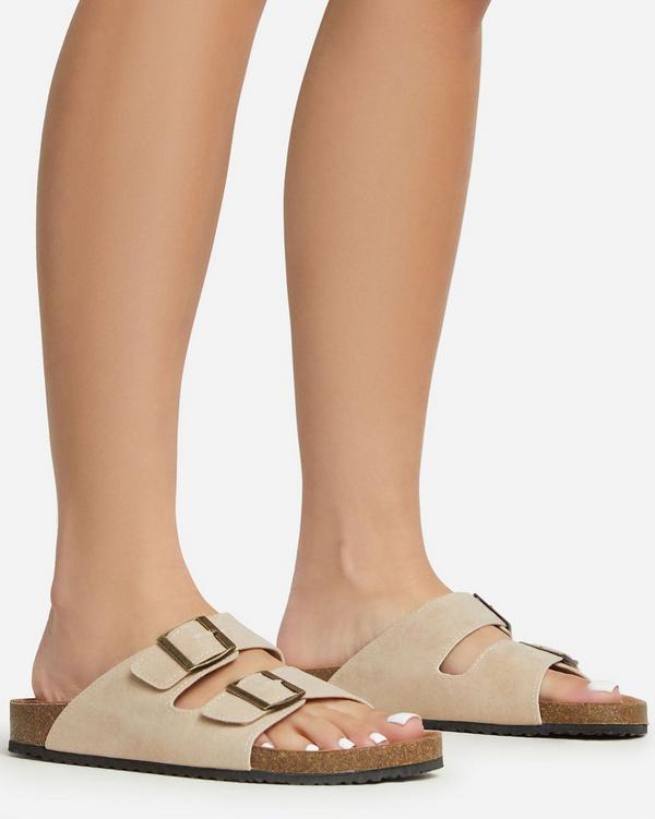 Slide sandals with on sale buckle