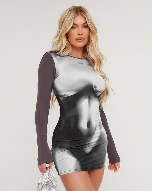 Long Sleeve Body Print Detail Mini Bodycon Dress In Grey Slinky