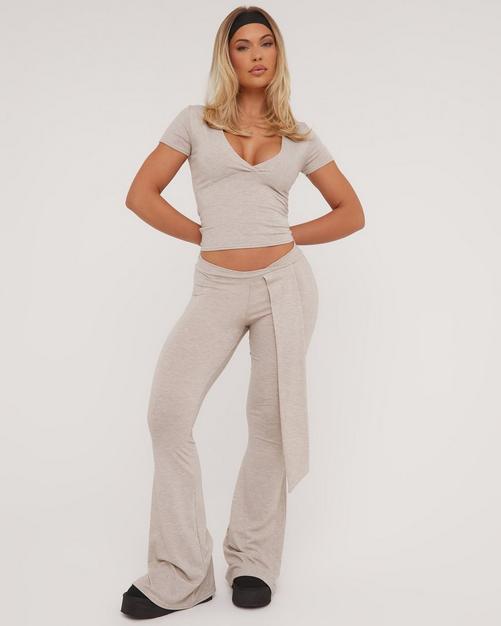 Fold Over Waistband Detail Flared Trousers In Grey