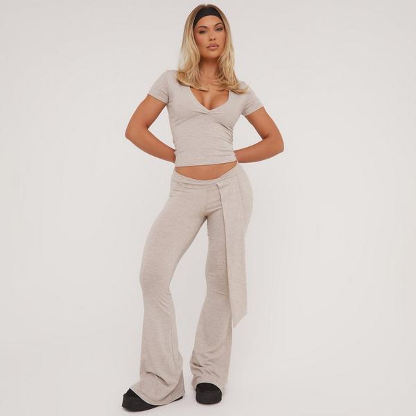 Elasticated Waist Detail Wide Leg Joggers In Cream