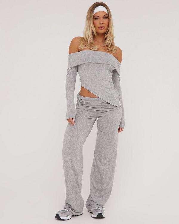 Low Rise Ruched Fold Over Waistband Wide Leg Trousers In Grey