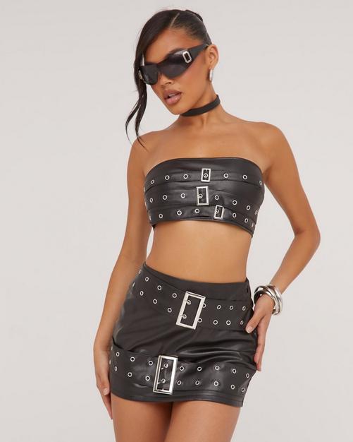 Black faux leather stud hotsell detail belted mini skirt