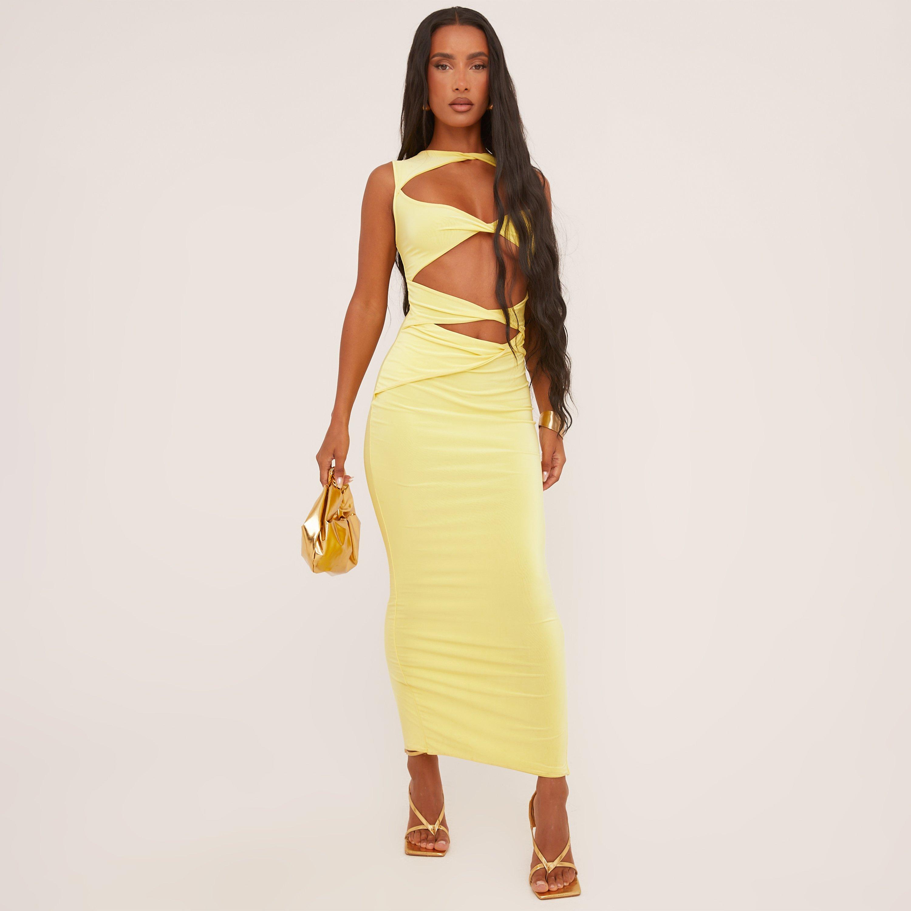 Sleeveless Cut Out Twist Front Detail Maxi Dress In Pastel Yellow, Women’s