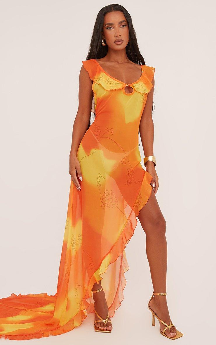 strapless open back dress PINK & ORANGE OMBRE ONE SHOULDER RUCHED MESH MIDI DRESS – Arelia's Dream main image 0