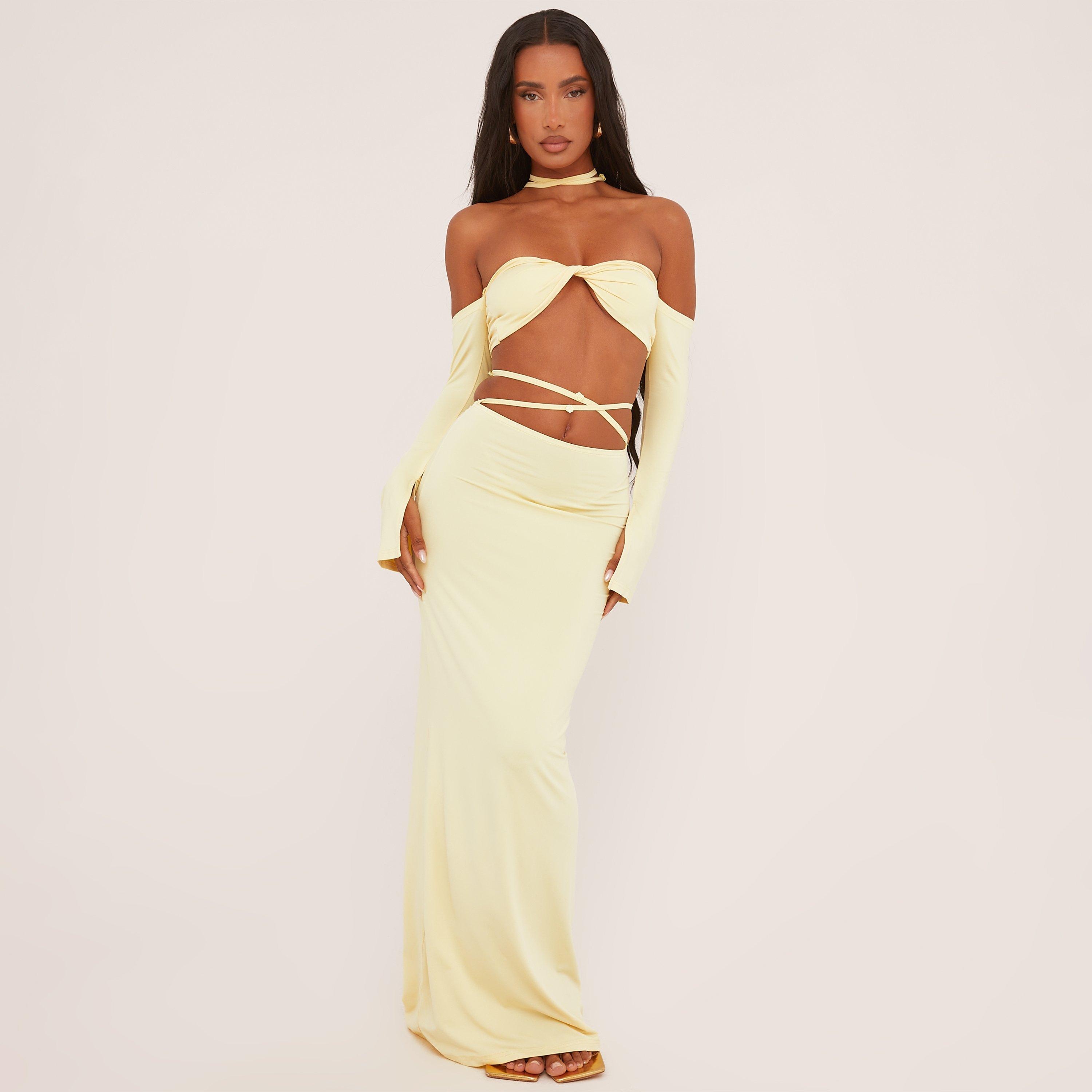 Rose Strap Detail Bardot Crop Top And High Waist Maxi Skirt Co-Ord Set In Lemon, Women’s Size UK L