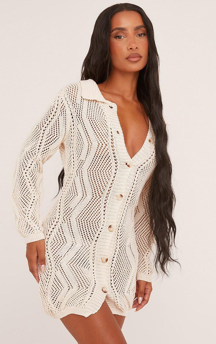 Long Sleeve Button Up Shirt Dress In Cream Crochet Knit | EGO US | EGO