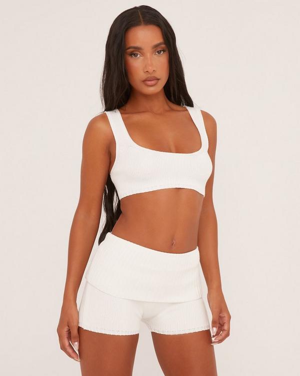 Square Neck Crop Top And Fold Over Waistband Shorts Co-Ord Set In White Knit