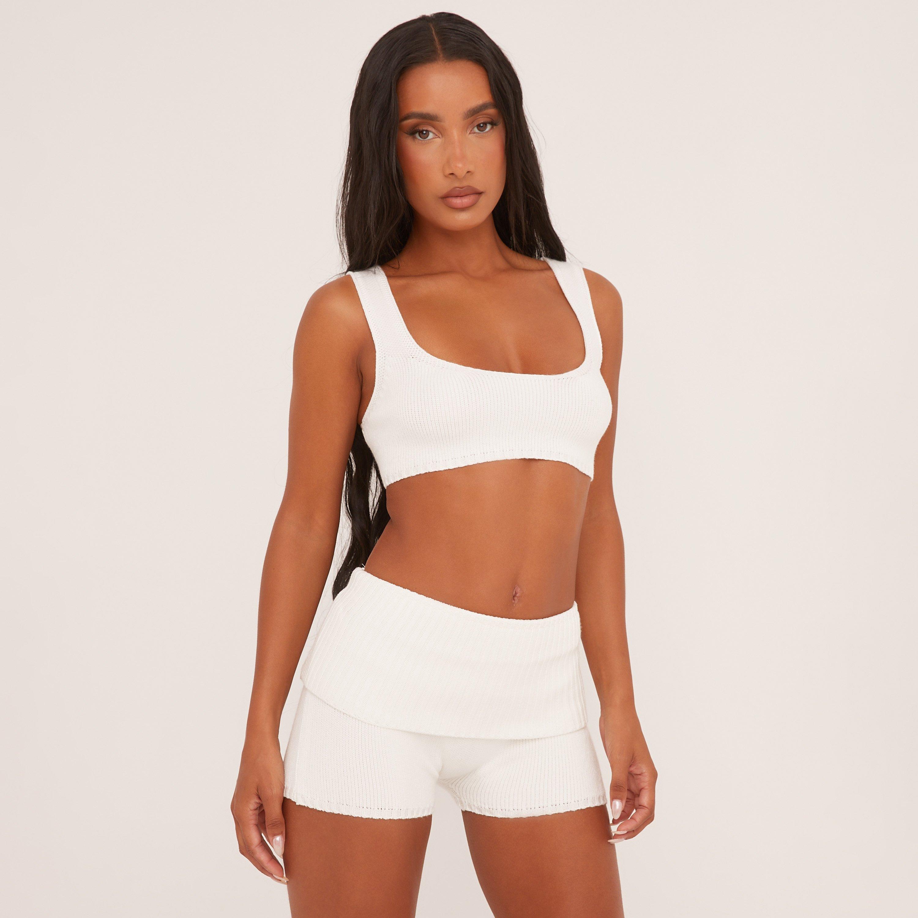 Square Neck Crop Top And Fold Over Waistband Shorts Co-Ord Set In White Knit, Women's Size UK M