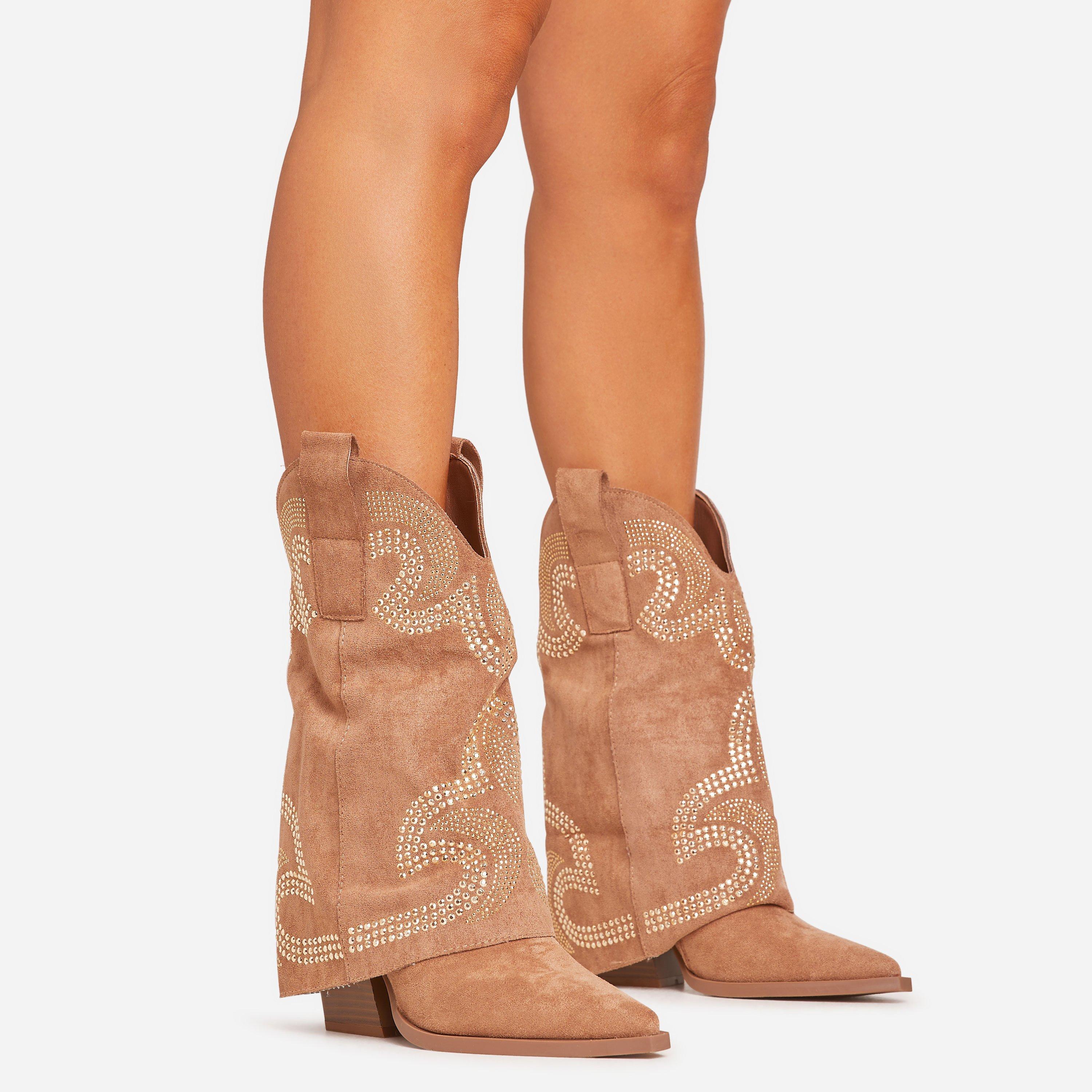 Storm Embroidered Flared Detail Pointed Toe Western Cowboy Boot In Tan Brown Faux Suede, Women’s