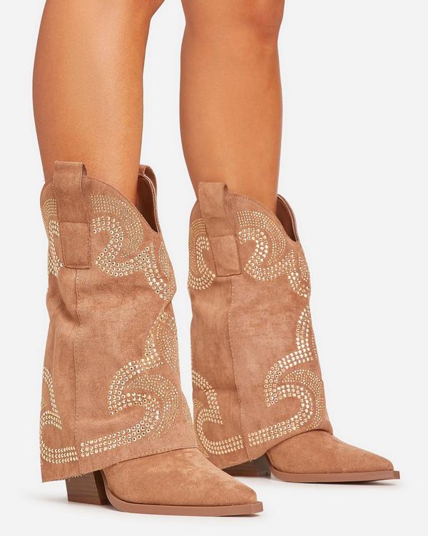 Storm Embroidered Flared Detail Pointed Toe Western Cowboy Boot In Tan Brown Faux Suede