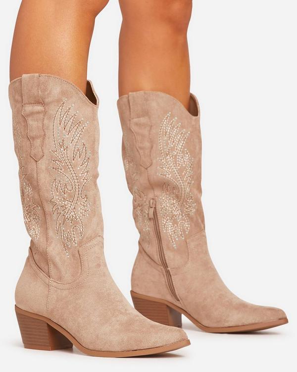 Eclipse Embroidered Detail Pointed Toe Mid Calf Western Cowboy Boot In Beige Faux Suede