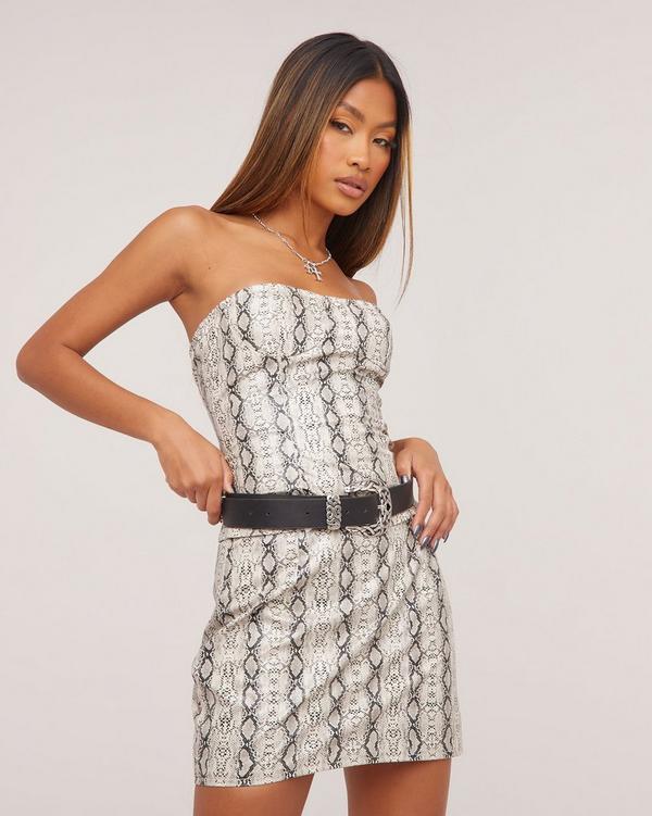 Bandeau Cupped Detail Corset Top In Stone Snake Print Faux Leather