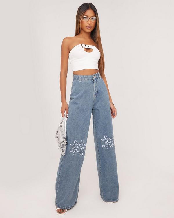 High rise discount embroidered jeans