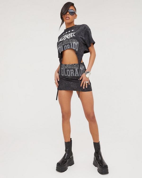 High Waist 'Colorado' Graphic Print Mini Bodycon Skirt In Charcoal Acid Wash