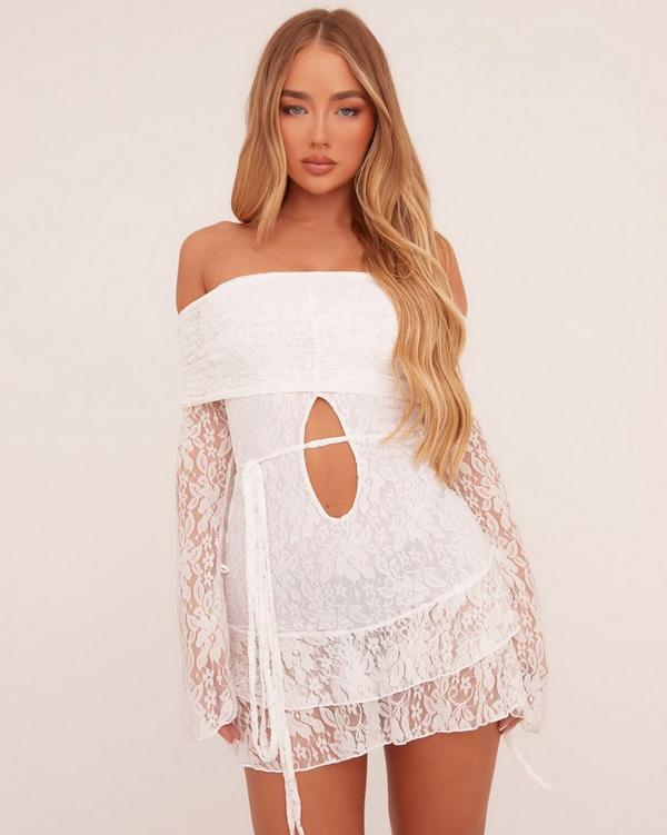 Fold Over Bardot Keyhole Cut Out Frill Hem Mini Dress In White Lace EGO