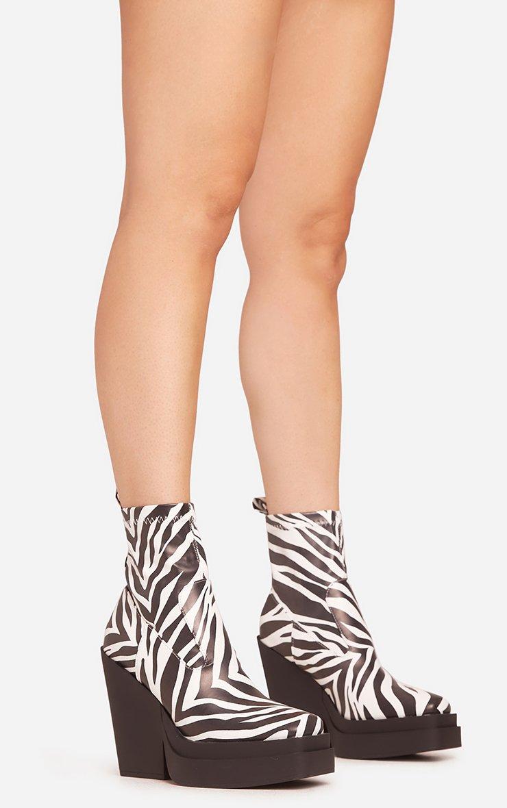 Aki Square Toe Platform Wedge Heel Ankle Sock Boot In Zebra Print