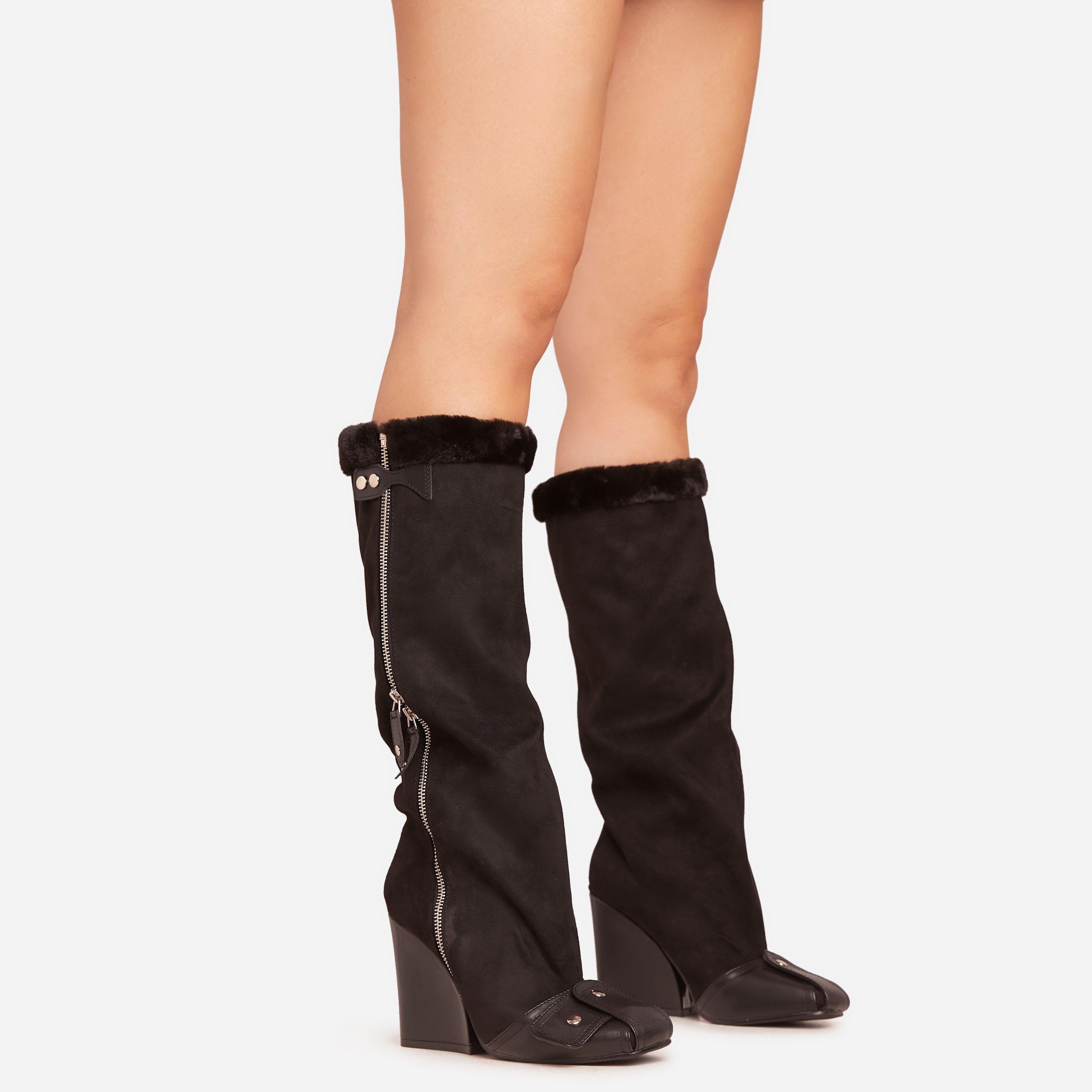 u Senna Faux Fur Buckle Detail Square Toe Wedge Heel Knee High